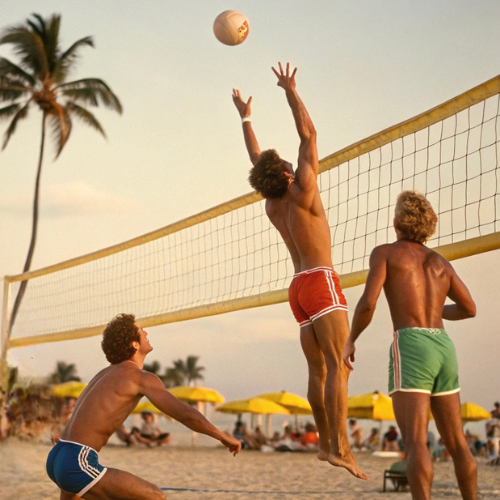 Short inspiré des années 80. 3 hommes jouant au volley à la plage.